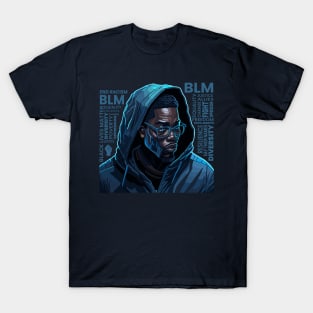 Black Man in Hoodie with BLM Word Cloud T-Shirt